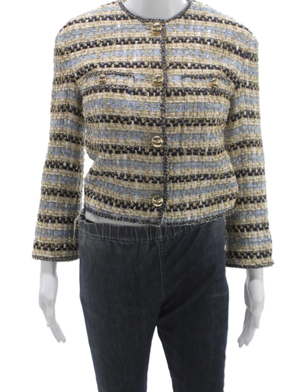 Veronica Beard Tweed Button-Front Jacket in Blue, Cream & Black $795